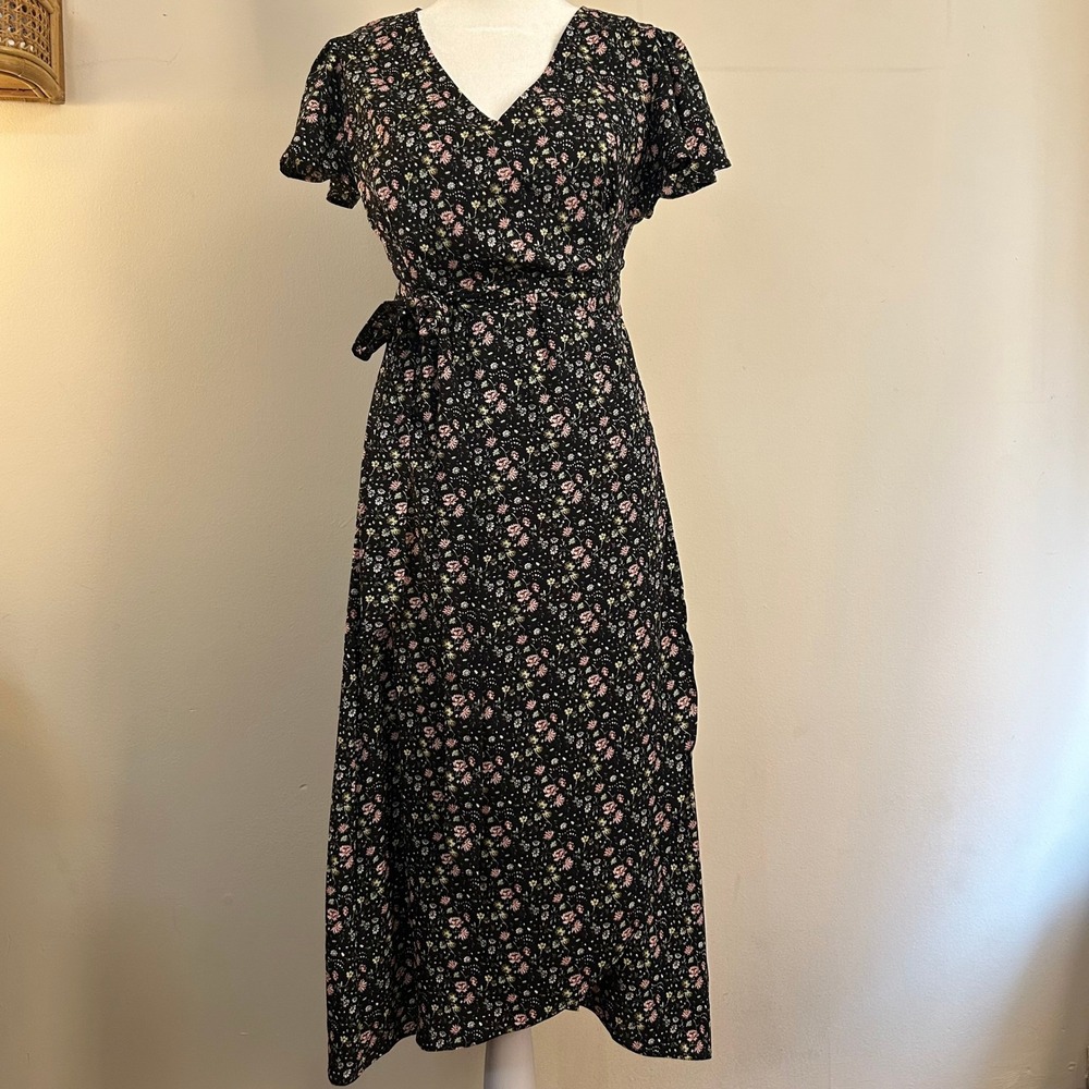 LOFT Black Floral Print Midi Wrap Dress Short Sleeve V‎ Neck Tie Waist Size 0